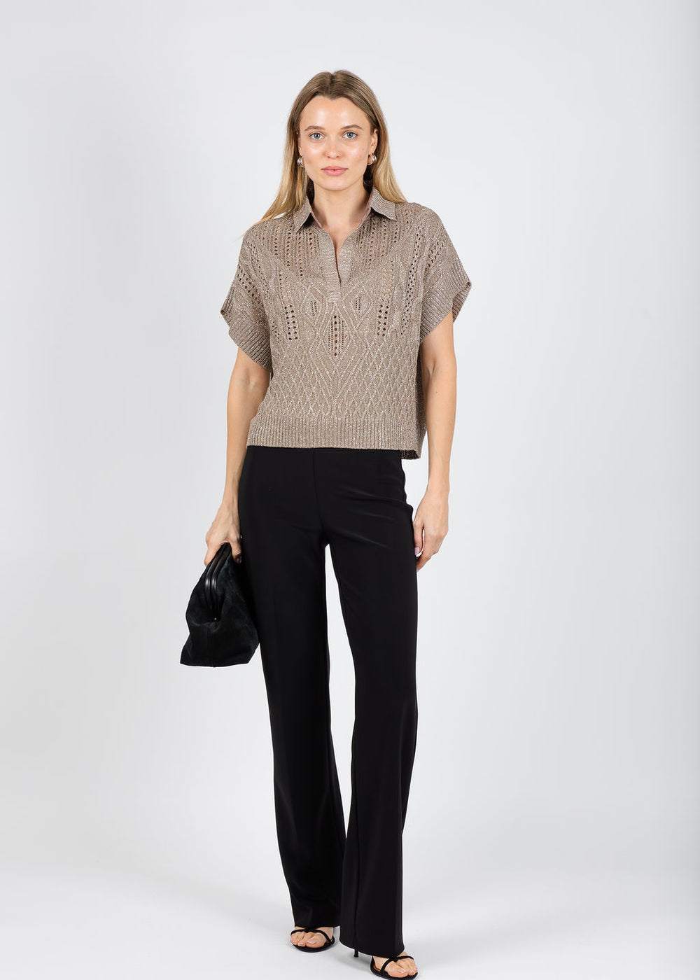 D.Exterior Short Sleeve Lurex Cable Polo Sweater in Conchiglia available at Barbara Katz