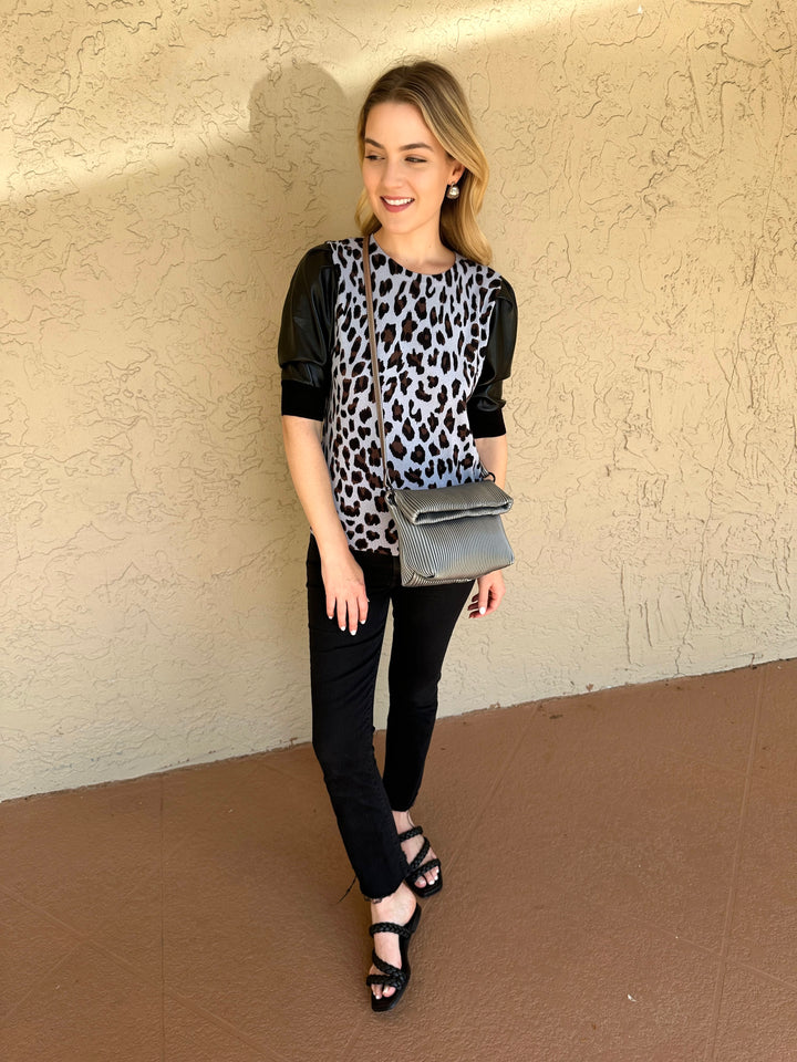 J Society Vegan Leather Cheetah Sweater - Periwinkle