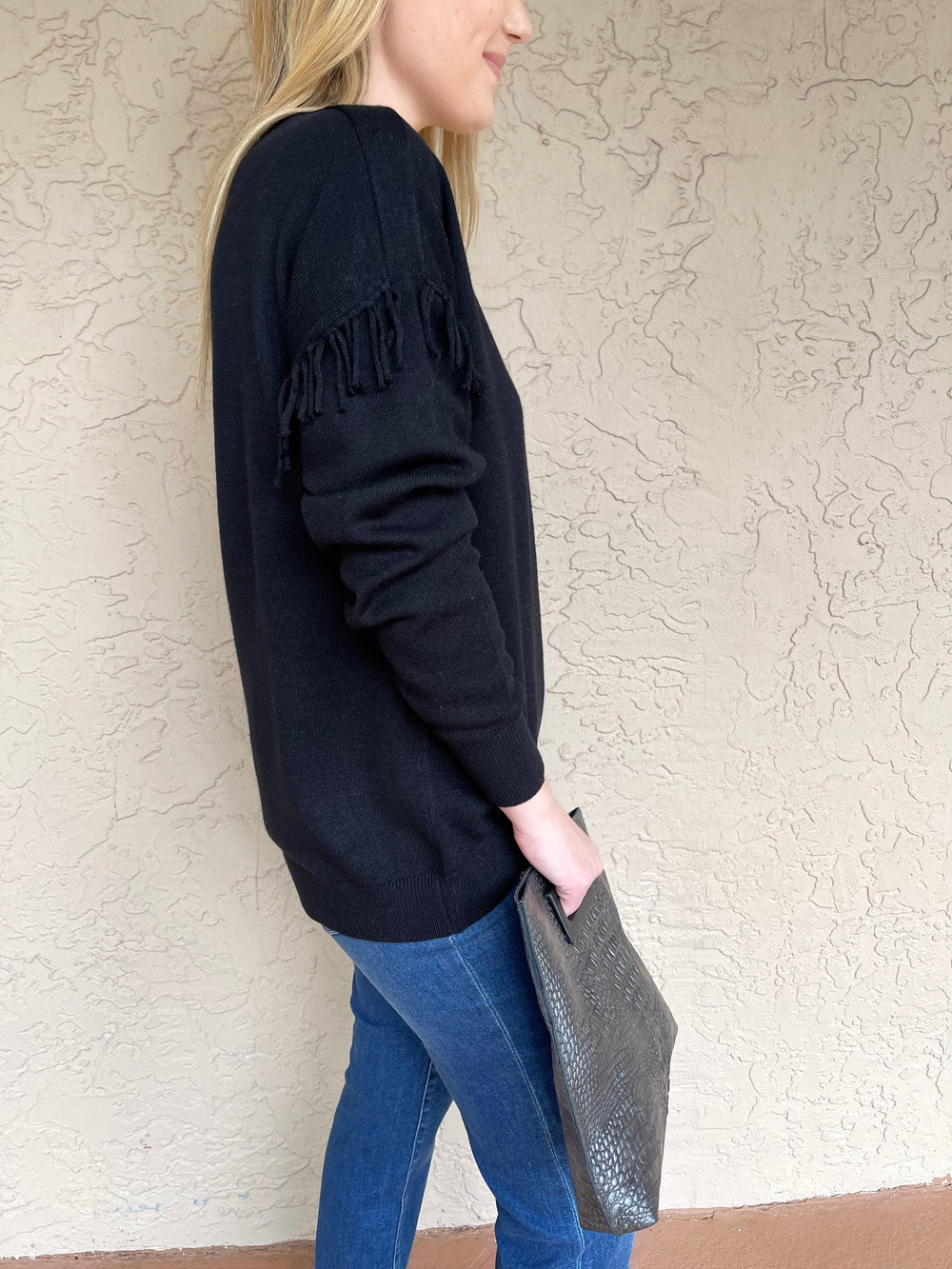 Elliott Lauren Fringe Mock Neck Sweater - Black