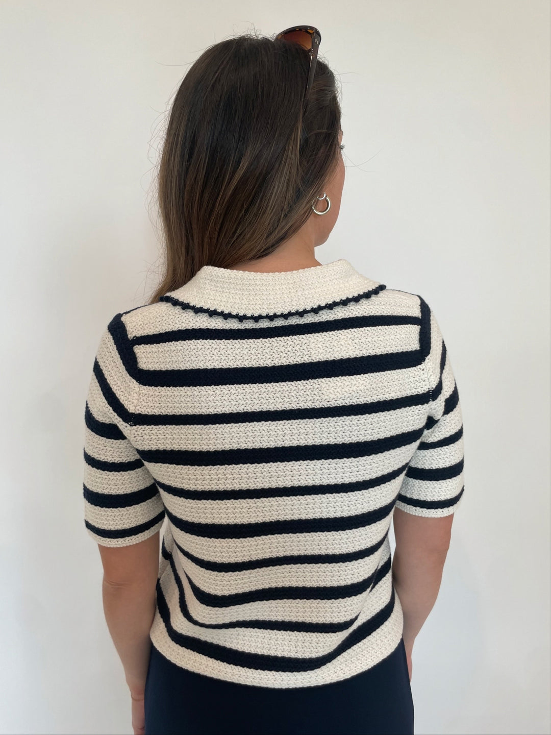 Oui Carla Stripe Polo Pullover Sweater in White Blue available at Barbara Katz