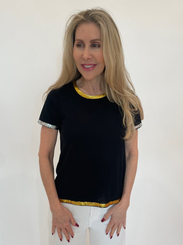 Peace of Cloth Black Sonya Short Sleeve Crew Top With Foil Trim available at Barbara Katz