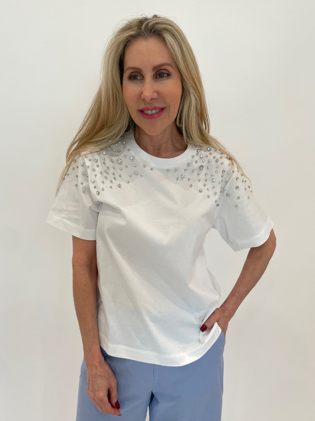 Marella Feluca T-Shirt With Crystals in Optical White available at Barbara Katz