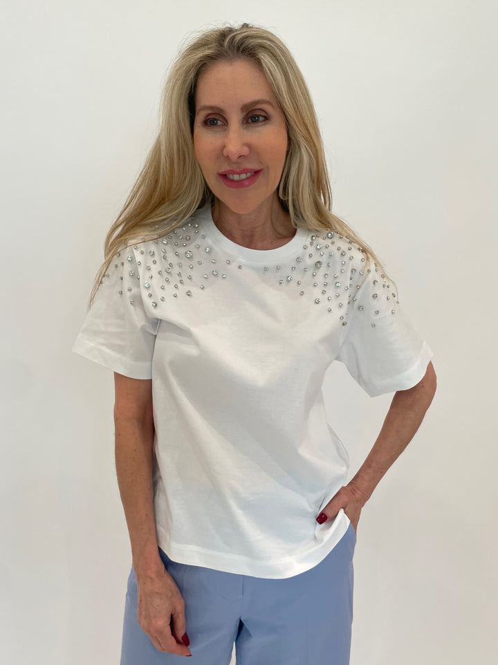 Marella Feluca T-Shirt With Crystals in Optical White available at Barbara Katz