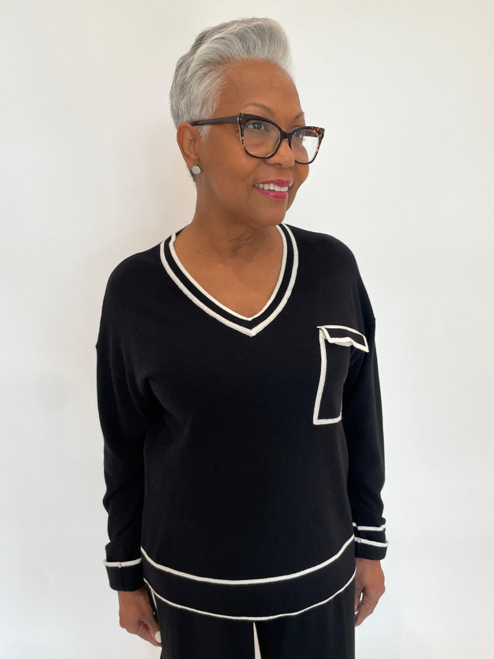 Leo & Ugo Nora V-Neck Sweater in Black/White available at Barbara Katz