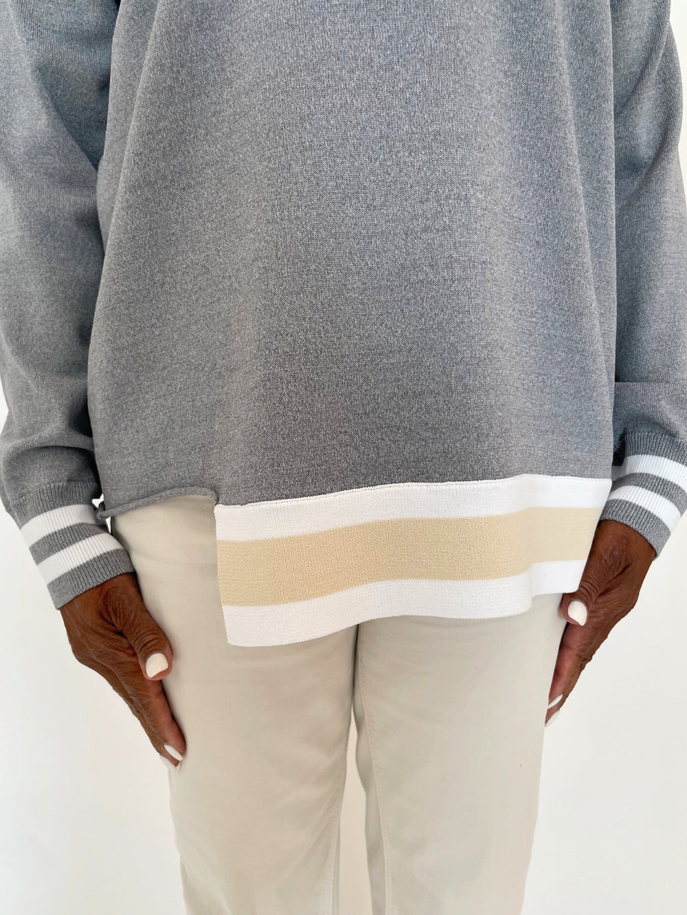 Billie Nancy Knit Crew Sweater With Stripes in Grey/Beige/White available at Barbara Katz