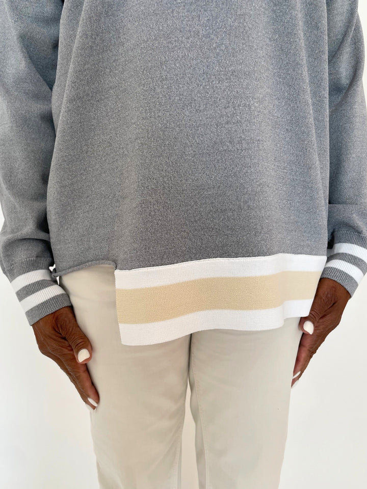 Billie Nancy Knit Crew Sweater With Stripes in Grey/Beige/White available at Barbara Katz
