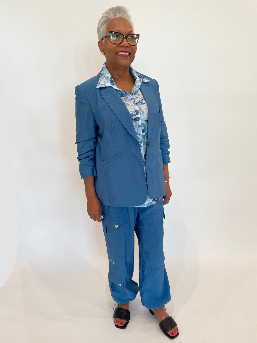 Cinq a Sept Tumbled Woven Khloe Blazer in Blue Corn paired with matching Nitsan Parachute Pants available at Barbara Kaz
