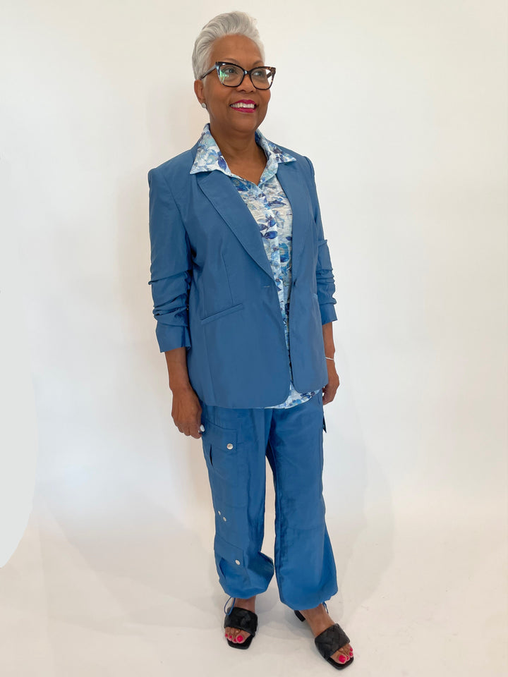 Cinq a Sept Tumbled Woven Khloe Blazer in Blue Corn paired with matching Nitsan Parachute Pants available at Barbara Kaz