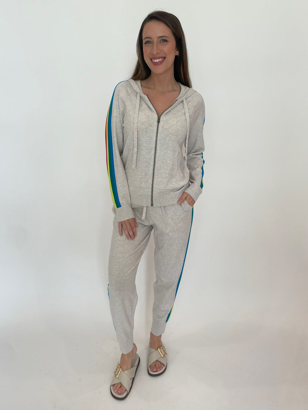 J Society Striped Sleeve Zip Hoodie in Flax paired with matching J Society Striped Joggers available at Barbara Katz