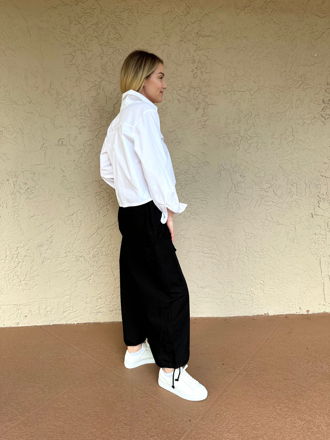 Stateside Structured Poplin Drawstring Cargo Pant - Black