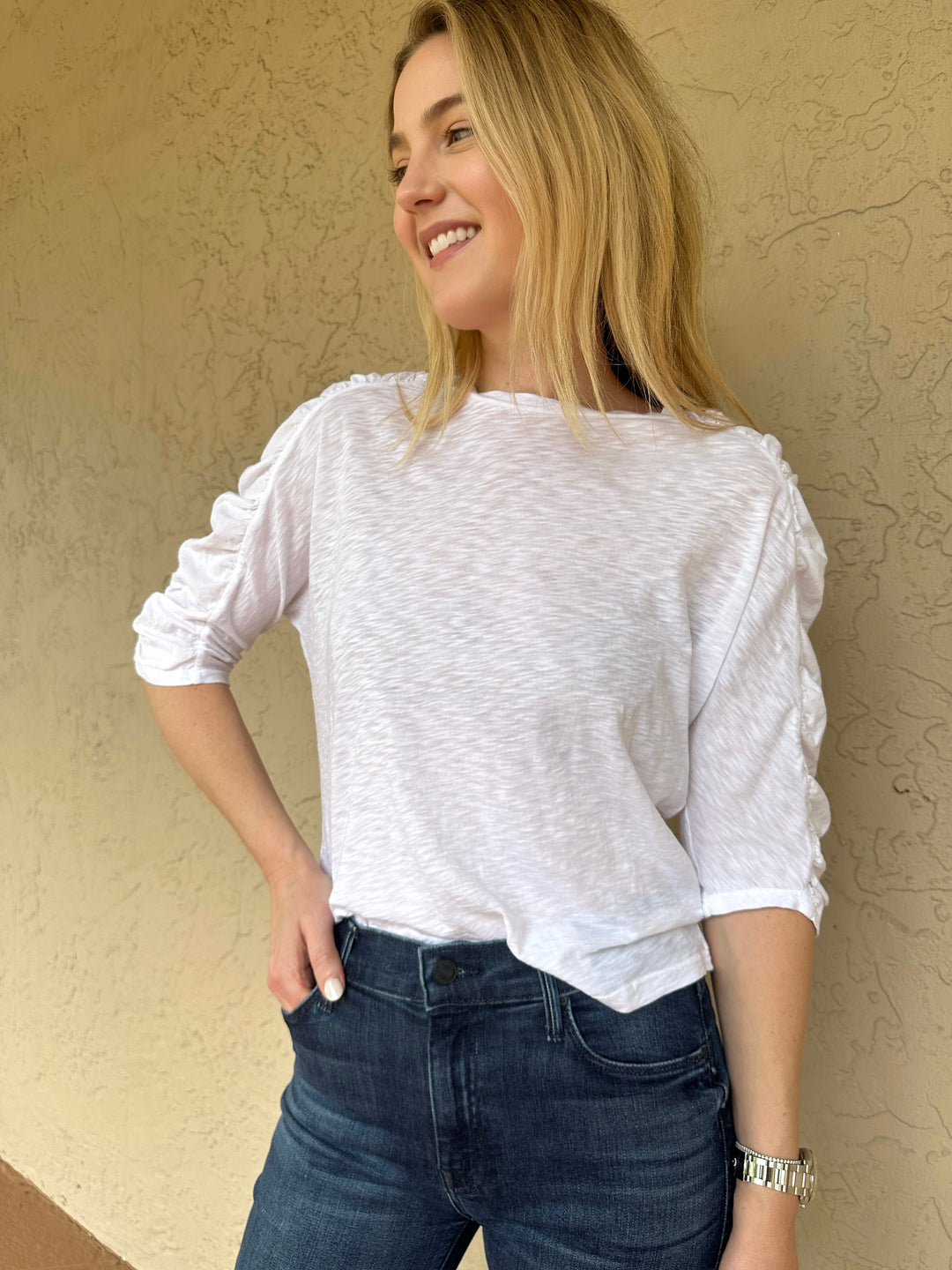 Stateside Supima Slub Mixed Media Dolman Top - White