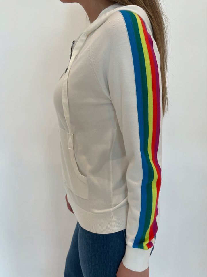 J Society Rainbow Striped Sleeve Zip Hoodie in White available at Barbara Katz