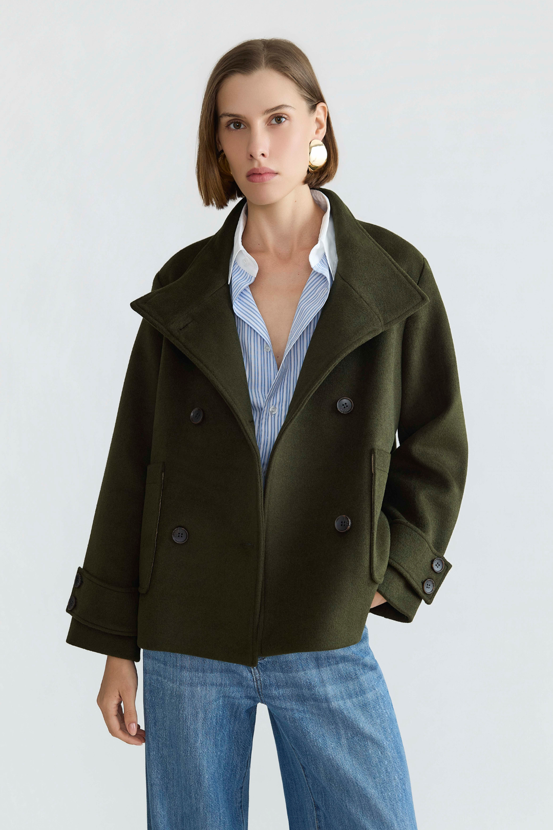 Adroit Atelier Dakota Double Breasted Funnel Neck Short Jacket in Dark Olive available at Barbara Katz