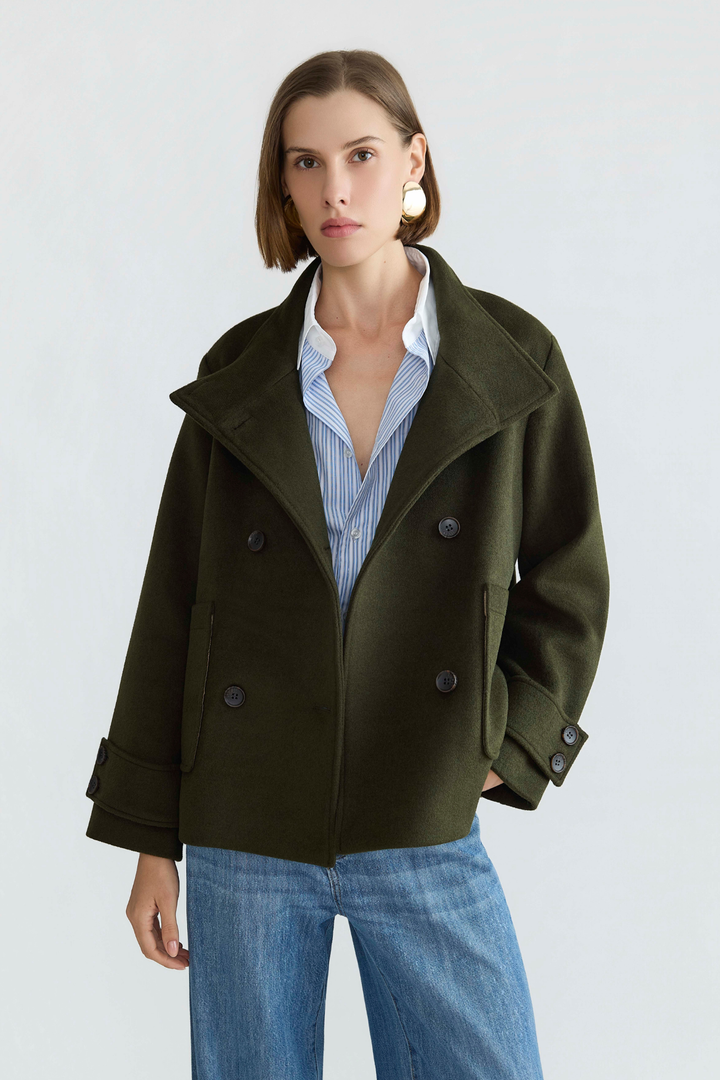 Adroit Atelier Dakota Double Breasted Funnel Neck Short Jacket in Dark Olive available at Barbara Katz