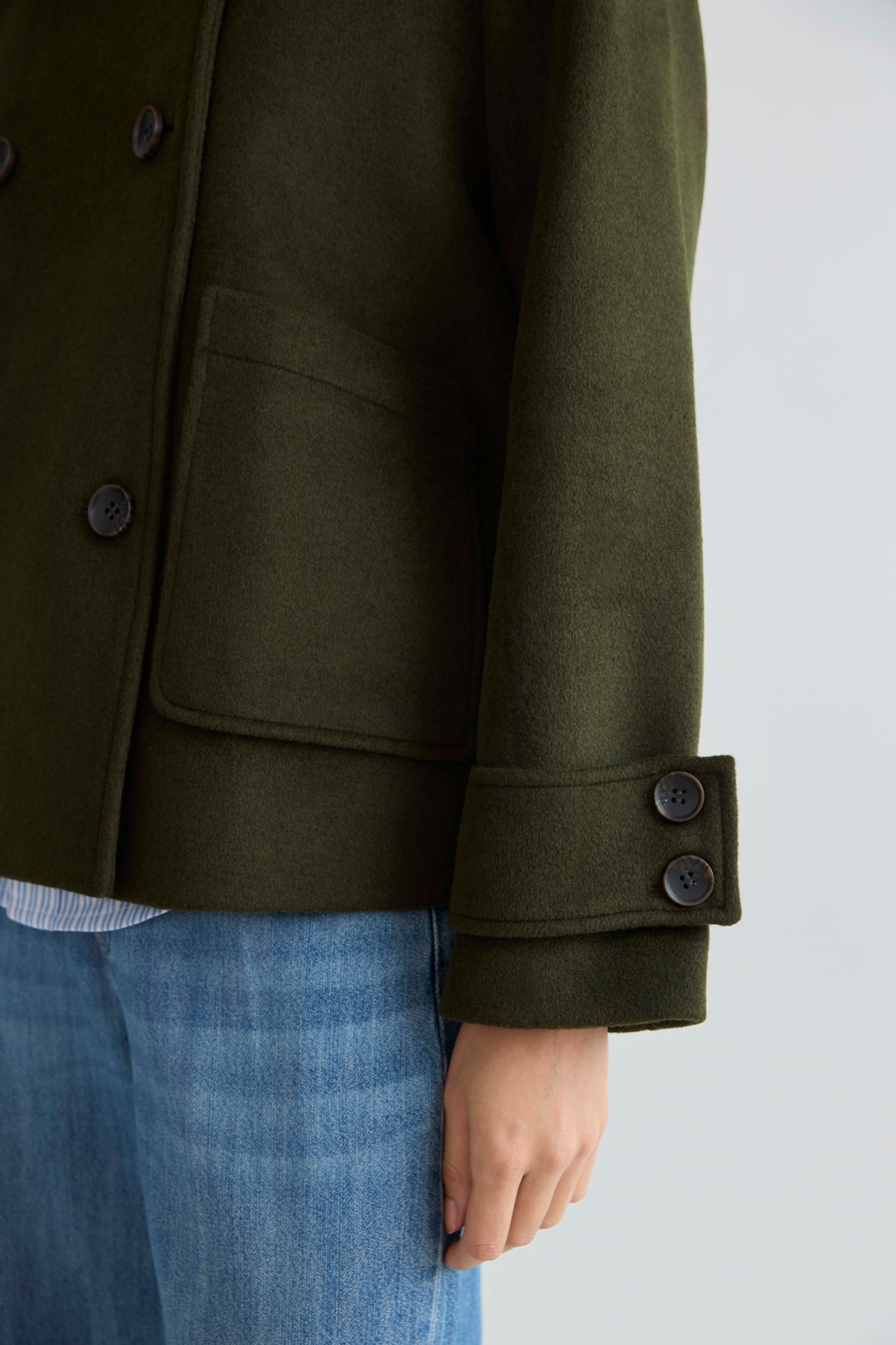 Adroit Atelier Dakota Double Breasted Funnel Neck Short Jacket in Dark Olive available at Barbara Katz
