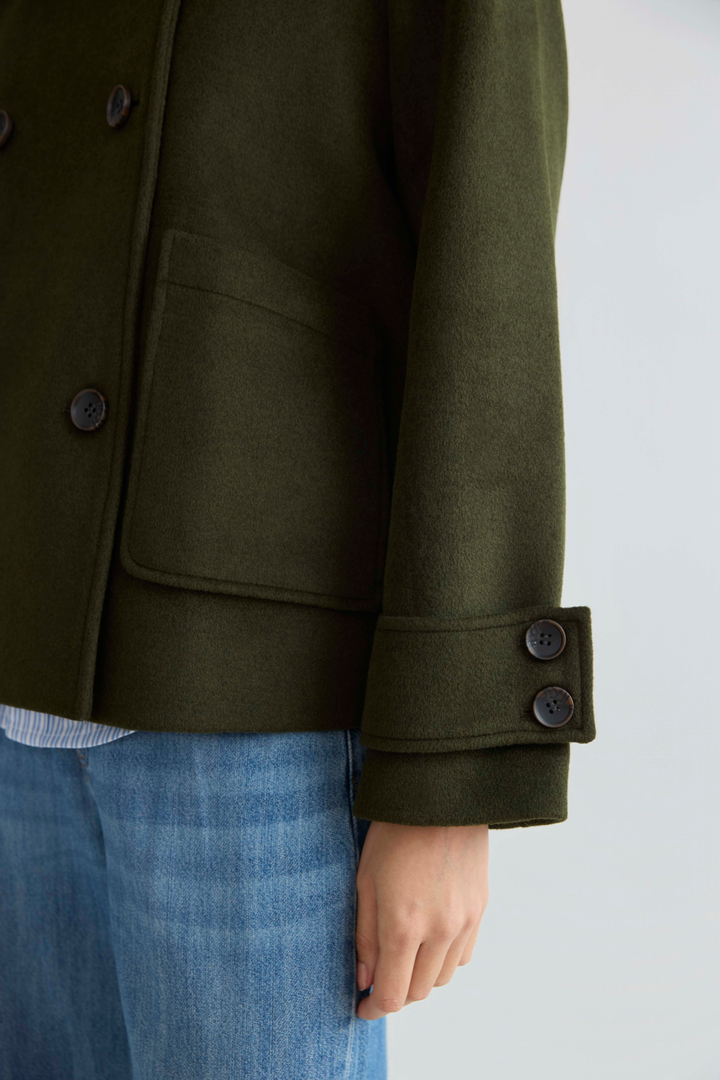 Adroit Atelier Dakota Double Breasted Funnel Neck Short Jacket in Dark Olive available at Barbara Katz