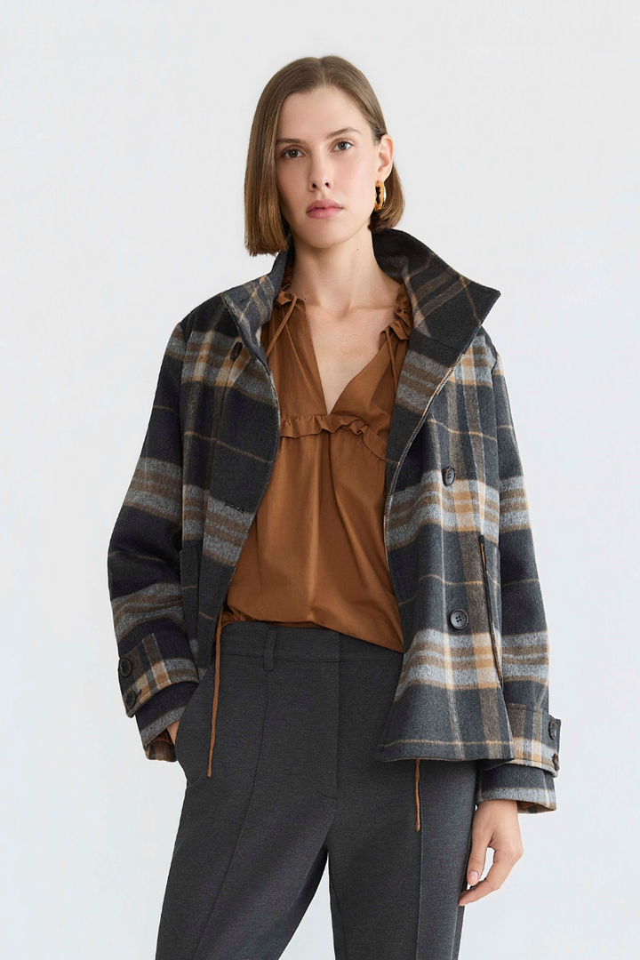 Adroit Atelier Dakota Double Breasted Funnel Neck Short Jacket in Charcoal/Camel Plaid available at Barbara Katz