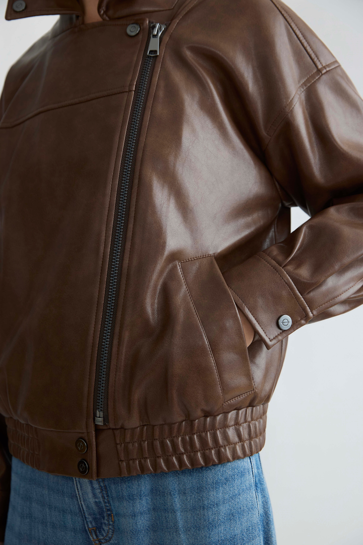 Adroit Atelier Dallas Moto Vegan Leather Jacket in Chestnut available at Barbara Katz