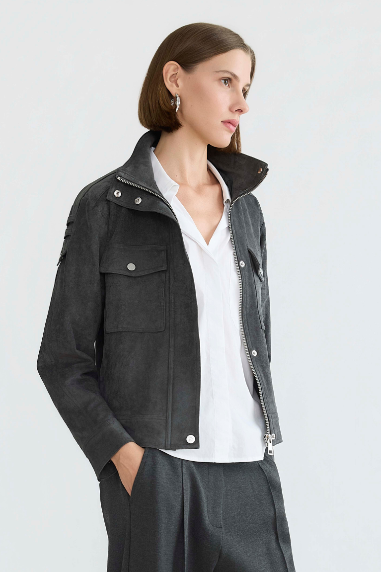 Adroit Atelier Darcy Funnel-Neck Zip Front Jacket in Charcoal available at Barbara Katz