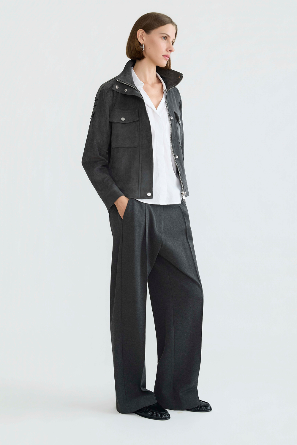 Adroit Atelier Darcy Funnel-Neck Zip Front Jacket in Charcoal available at Barbara Katz