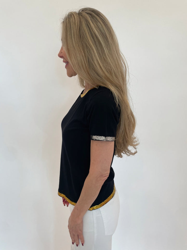 Peace of Cloth Black Sonya Short Sleeve Crew Top With Foil Trim available at Barbara Katz