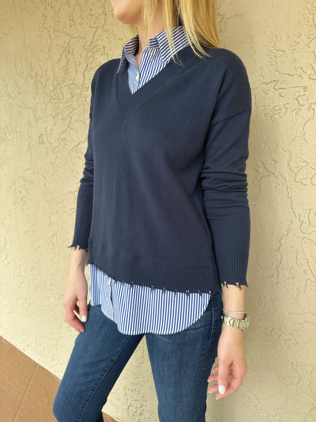 J Society Long Sleeve Stripe Twofer Layered Sweater - Navy