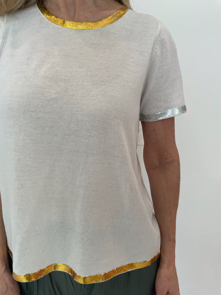 Sonya Short Sleeve Crew Top With Foil - White