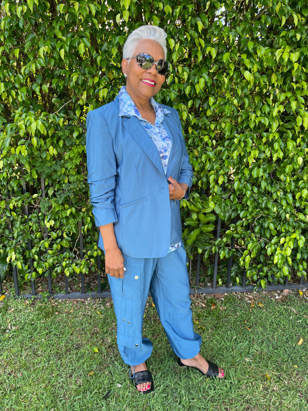 Cinq a Sept Tumbled Woven Khloe Blazer in Blue Corn with David Cline Mist Roll-Up Shirt underneath, paired with Cinq a Sept Nitsan Parachute Pants in Blue Corn available at Barbara Katz