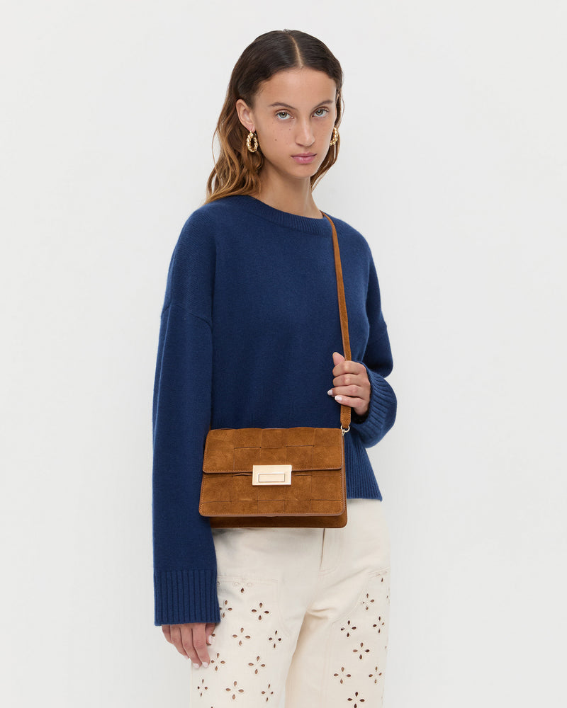 Loeffler Randall Delphine Leather Clutch in Woven Cacao Suede available at Barbara Katz