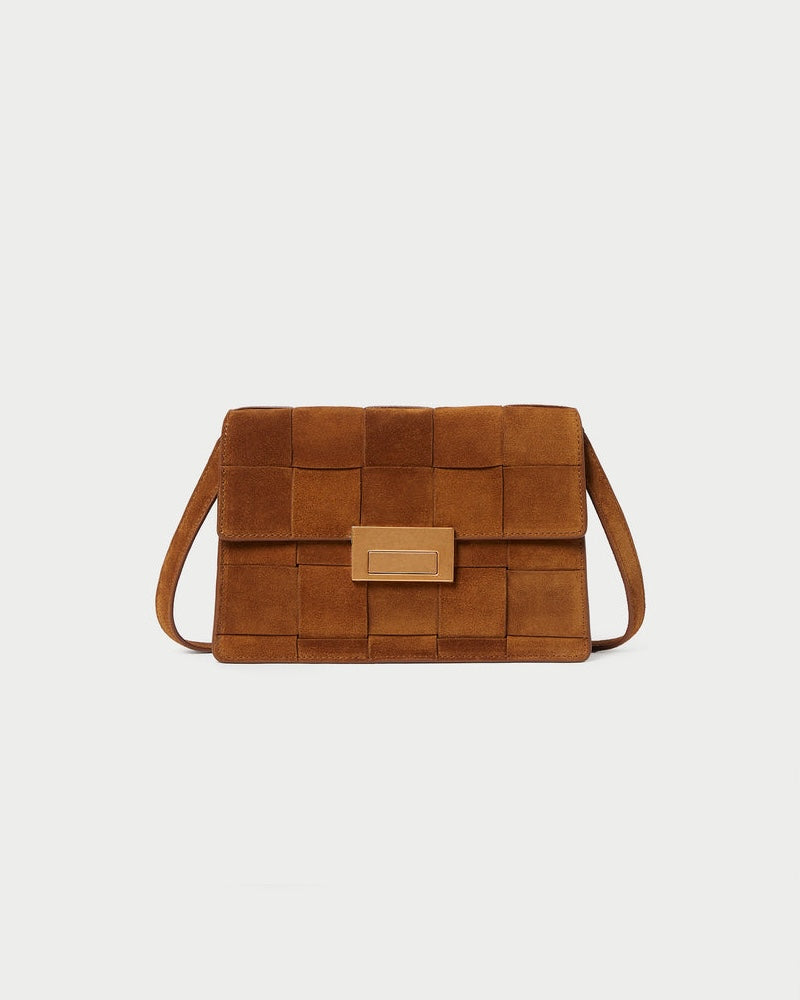 Loeffler Randall Delphine Leather Clutch in Woven Cacao Suede available at Barbara Katz