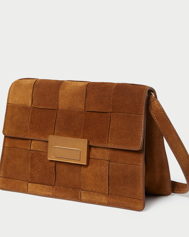 Loeffler Randall Delphine Leather Clutch Crossbody in Woven Cacao Suede available at Barbara Katz