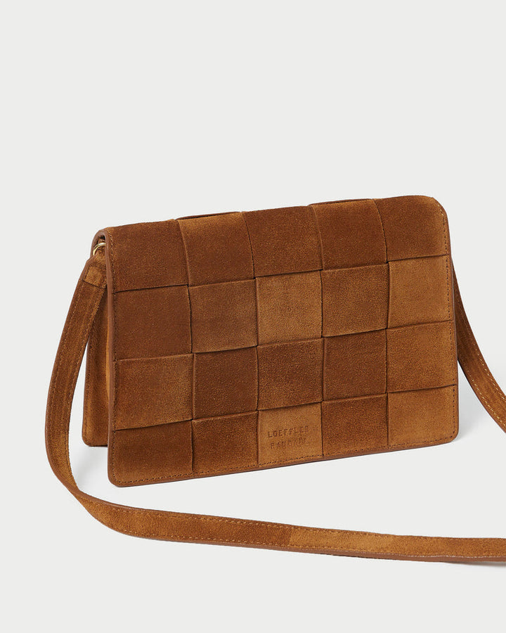 Loeffler Randall Delphine Leather Clutch in Woven Cacao Suede available at Barbara Katz