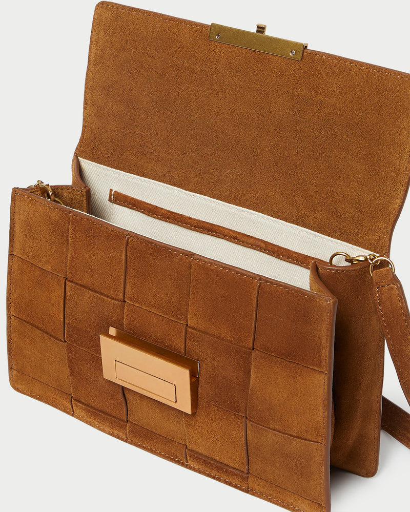 Loeffler Randall Delphine Leather Clutch in Woven Cacao Suede available at Barbara Katz