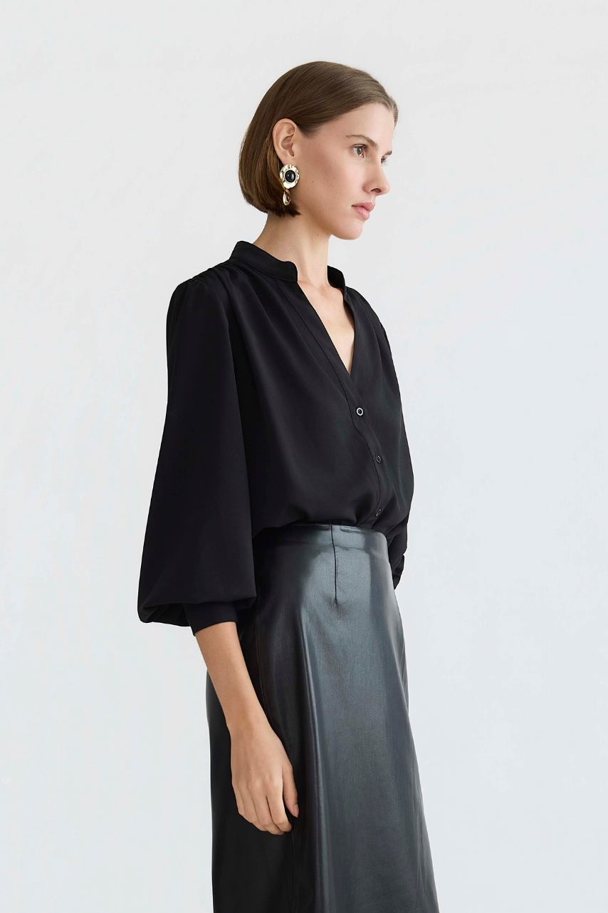 Adroit Atelier Désiré V-Neck Chiffon Blouse With Removable Lavalliere in Black available at Barbara Katz