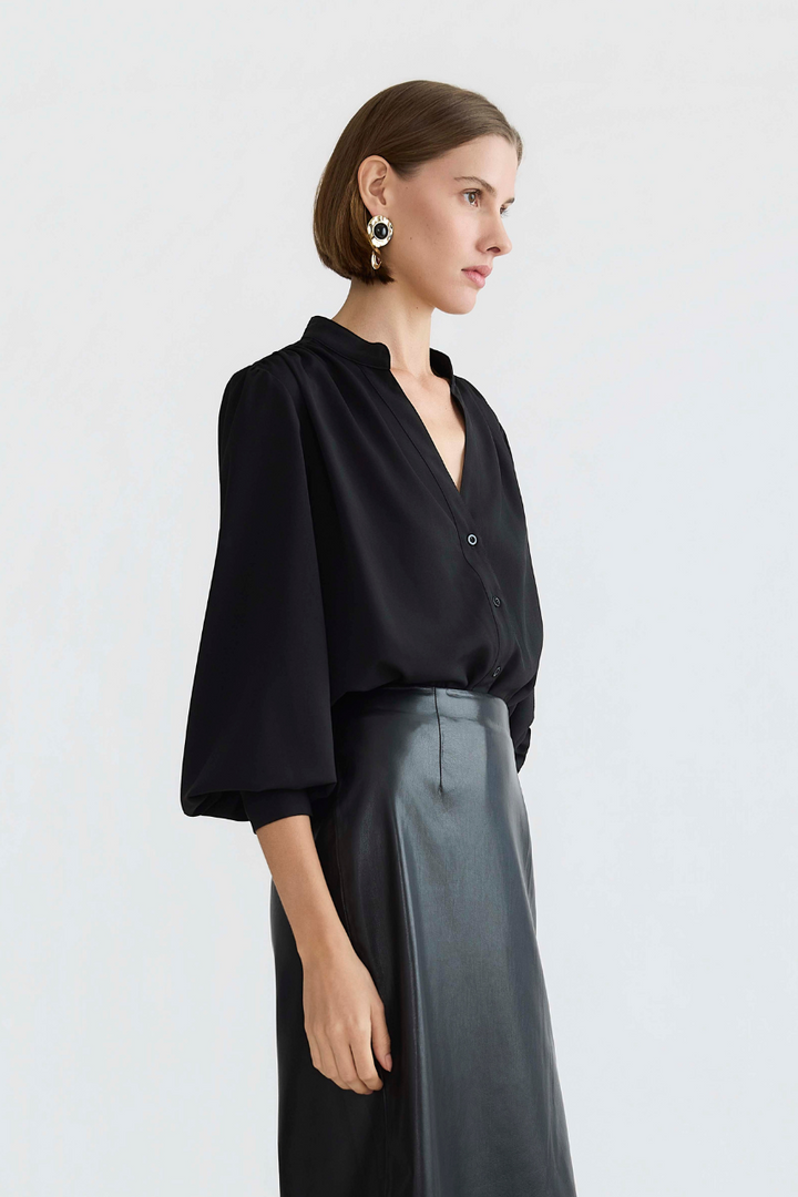 Adroit Atelier Désiré V-Neck Chiffon Blouse With Removable Lavalliere in Black available at Barbara Katz
