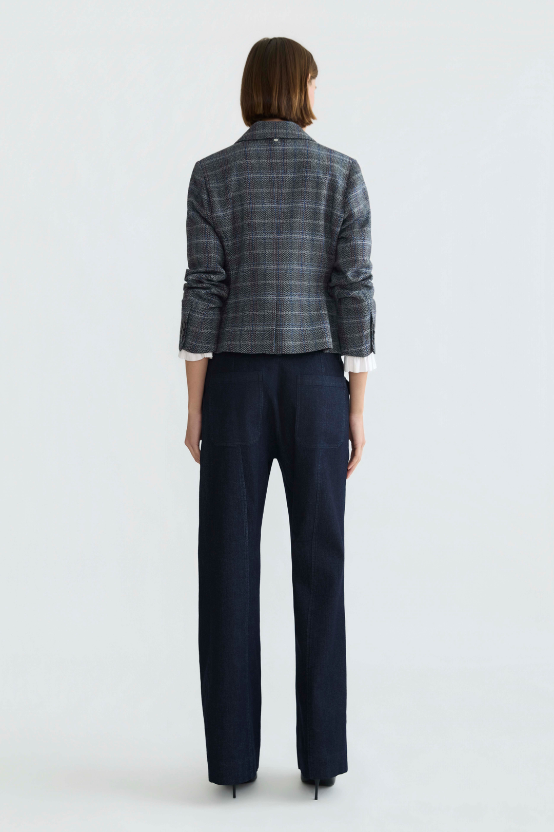 Adroit Atelier Desmond Tweed Single-Breasted Blazer With 3 Button Closure in Blue/Grey available at Barbara Katz