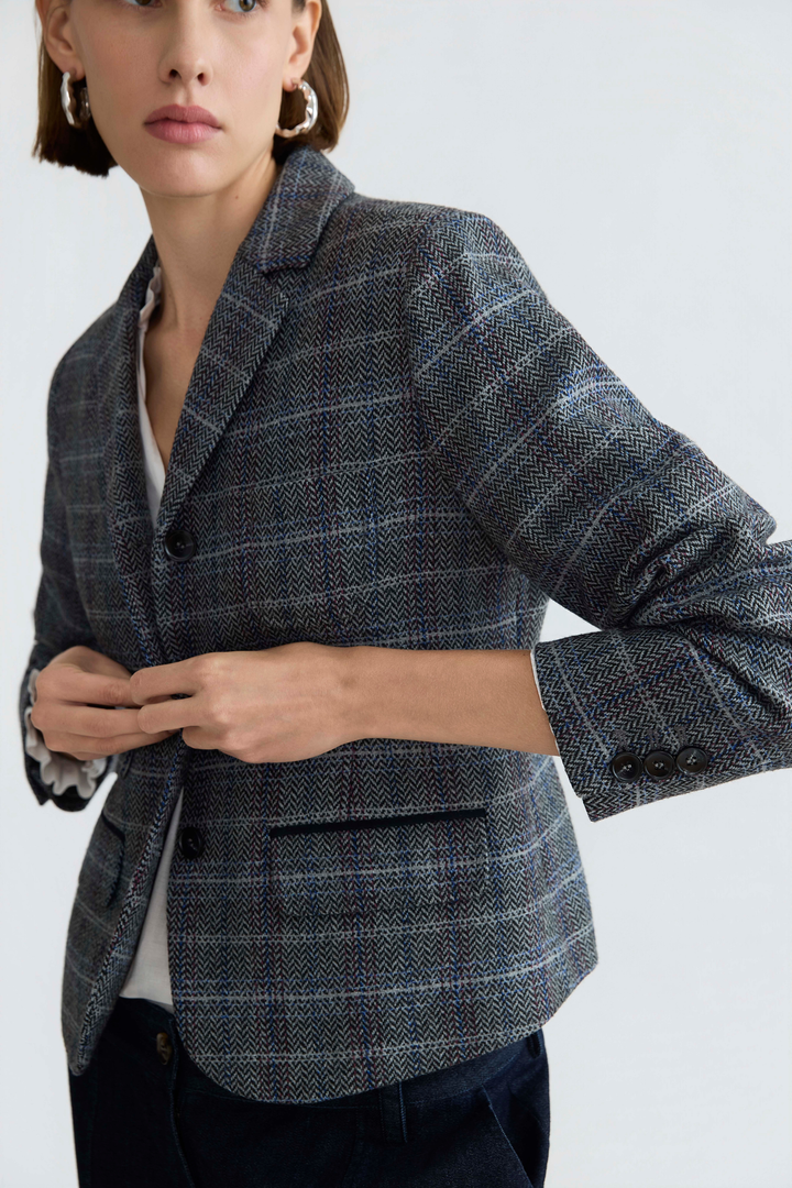 Adroit Atelier Desmond Tweed Single-Breasted Blazer With 3 Button Closure in Blue/Grey available at Barbara Katz