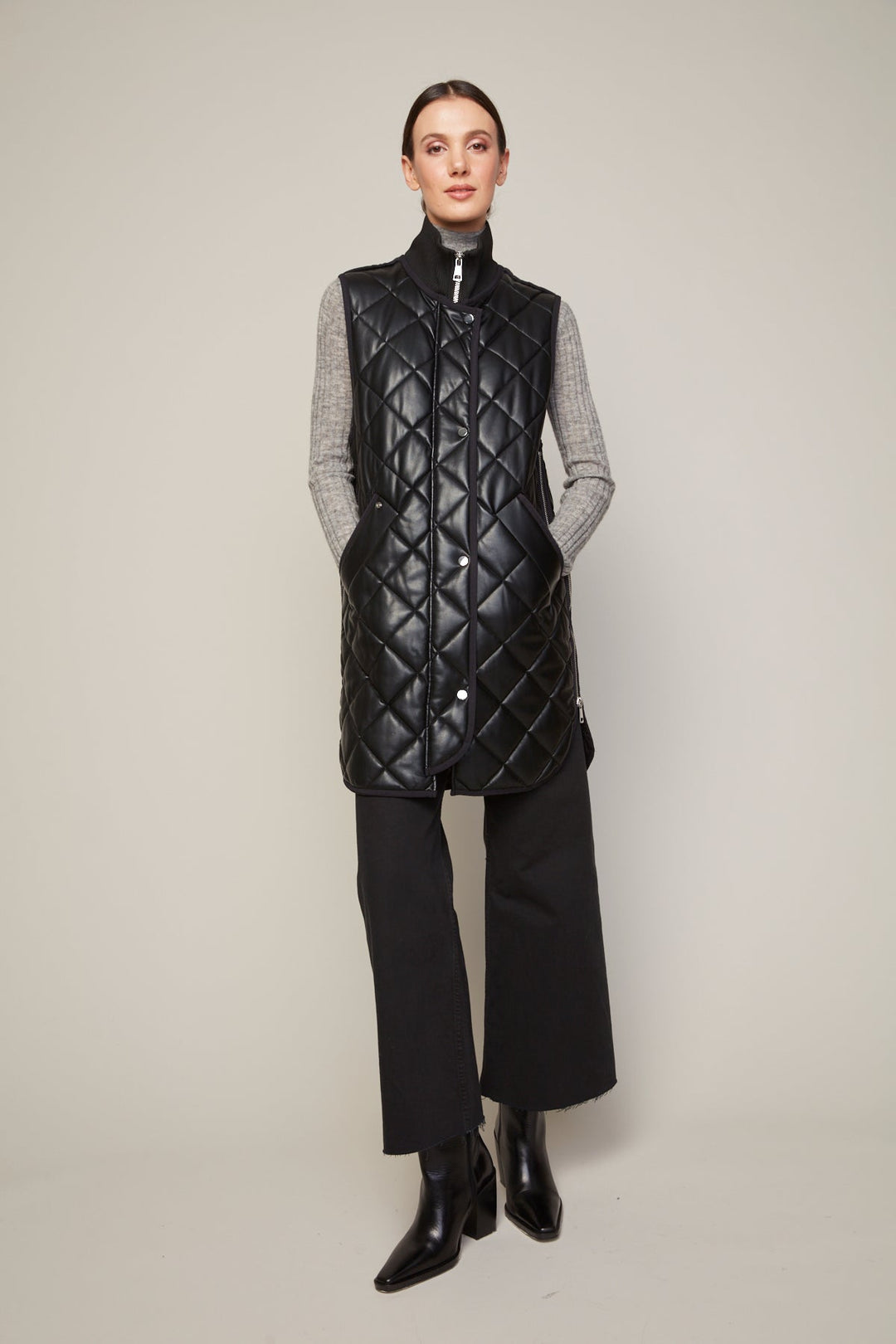 Adroit Atelier Destiny Vegan Leather Sleeveless Quilted Vest With Zipper Detail - Black available at Barbara Katz