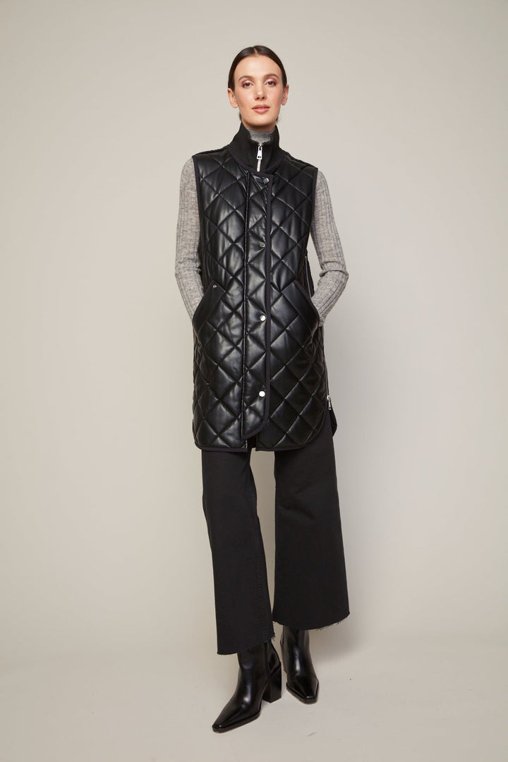 Adroit Atelier Destiny Vegan Leather Sleeveless Quilted Vest With Zipper Detail - Black available at Barbara Katz