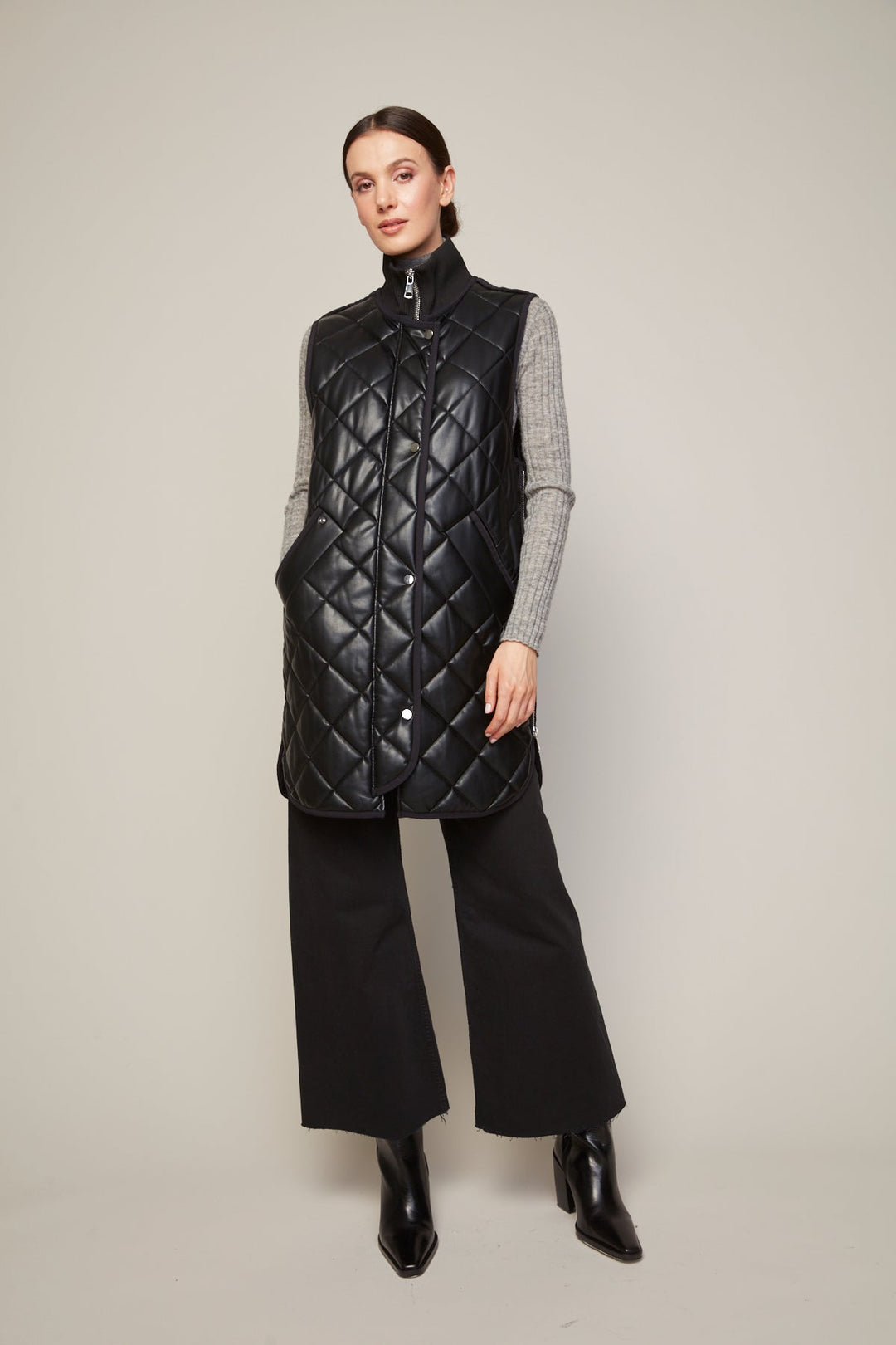 Adroit Atelier Destiny Vegan Leather Sleeveless Quilted Vest With Zipper Detail - Black available at Barbara Katz