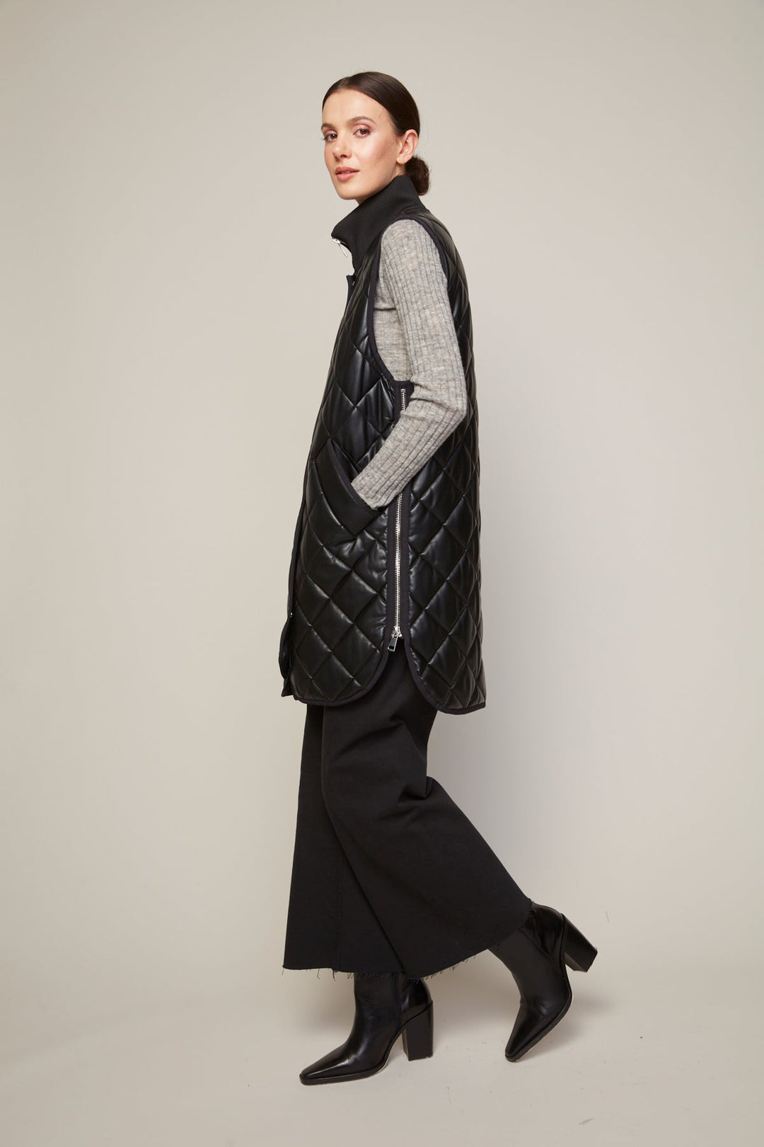 Adroit Atelier Destiny Vegan Leather Sleeveless Quilted Vest With Zipper Detail - Black available at Barbara Katz