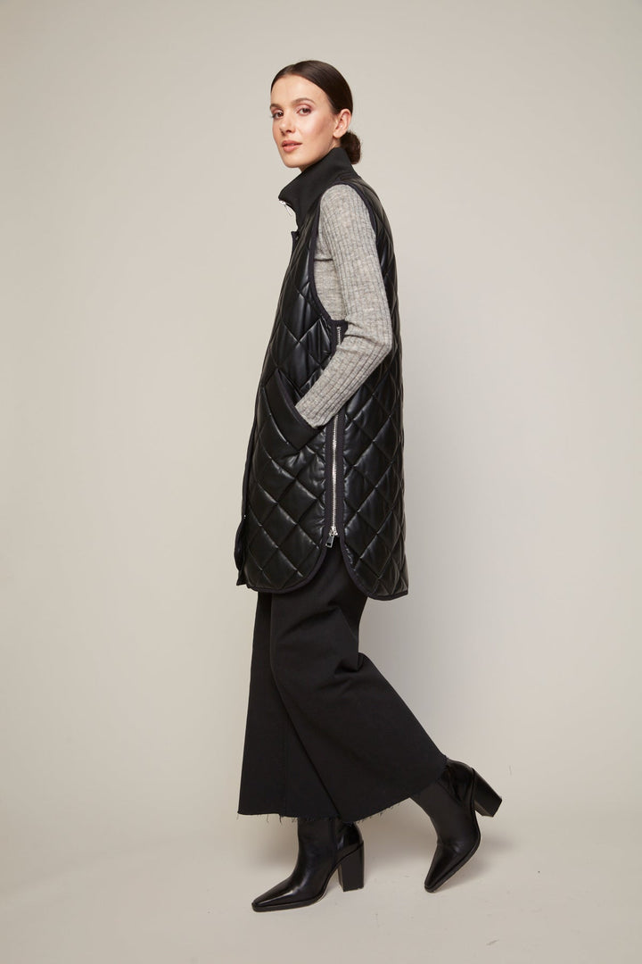 Adroit Atelier Destiny Vegan Leather Sleeveless Quilted Vest With Zipper Detail - Black available at Barbara Katz
