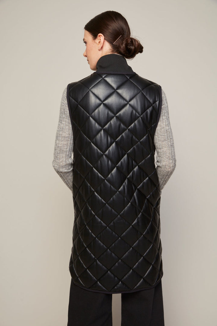 Adroit Atelier Destiny Vegan Leather Sleeveless Quilted Vest With Zipper Detail - Black available at Barbara Katz