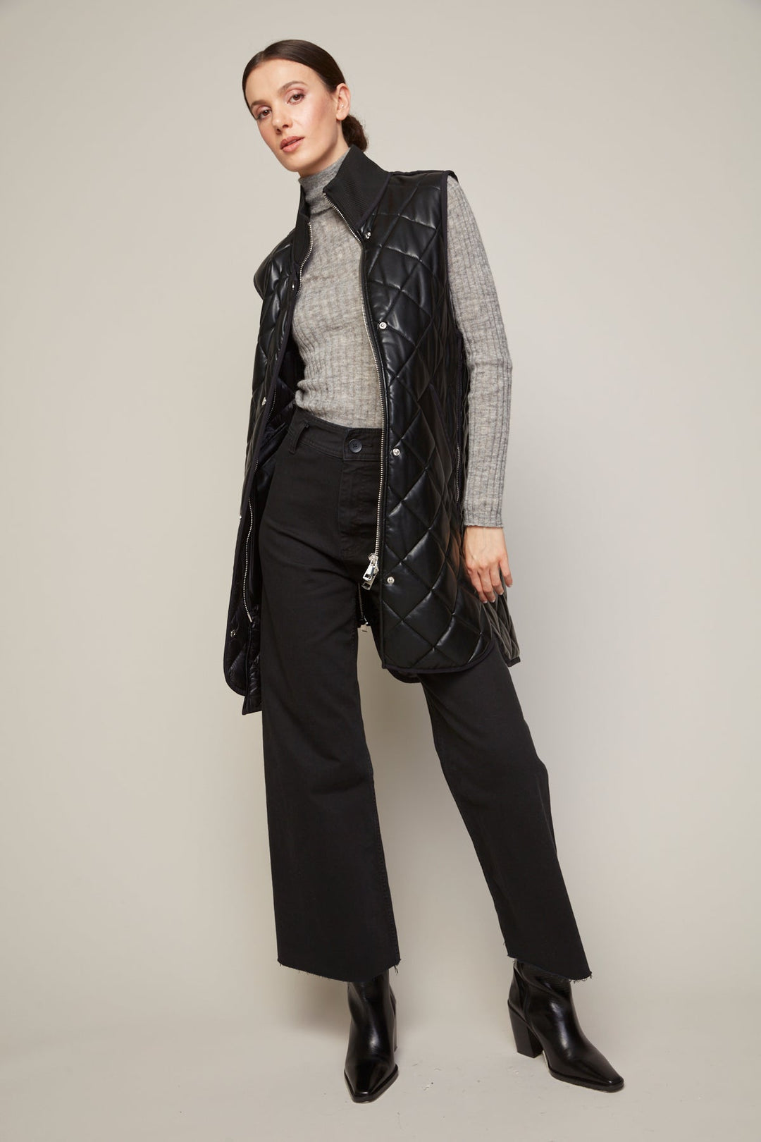 Adroit Atelier Destiny Vegan Leather Sleeveless Quilted Vest With Zipper Detail - Black available at Barbara Katz