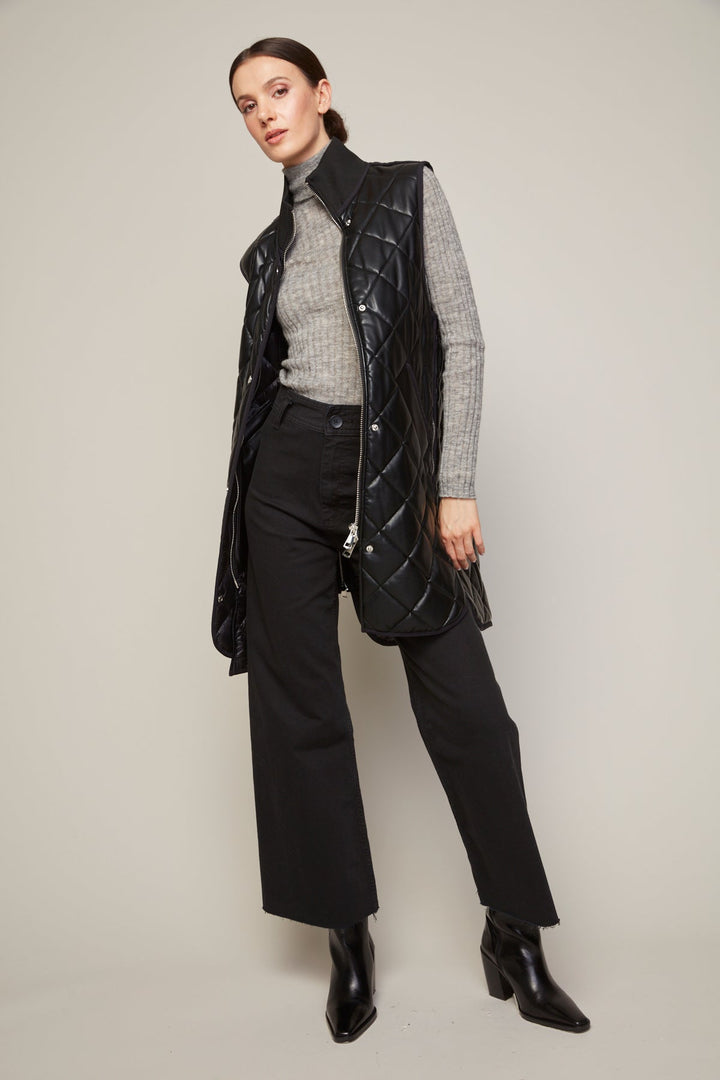 Adroit Atelier Destiny Vegan Leather Sleeveless Quilted Vest With Zipper Detail - Black available at Barbara Katz