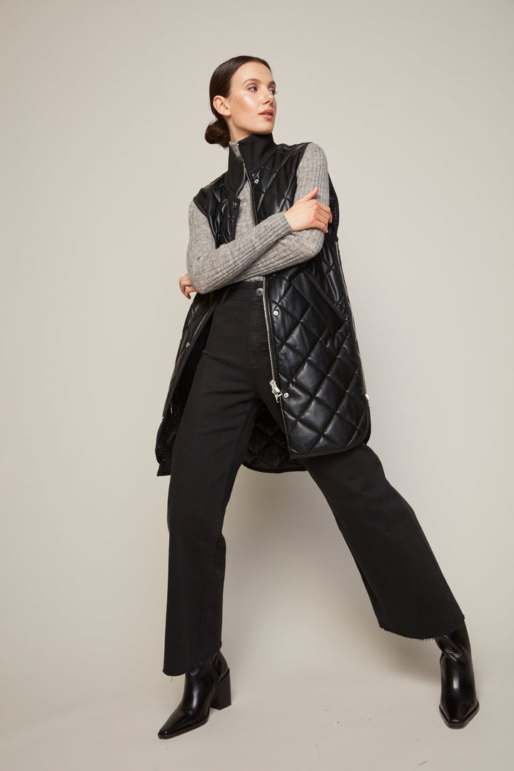 Adroit Atelier Destiny Vegan Leather Sleeveless Quilted Vest With Zipper Detail - Black available at Barbara Katz
