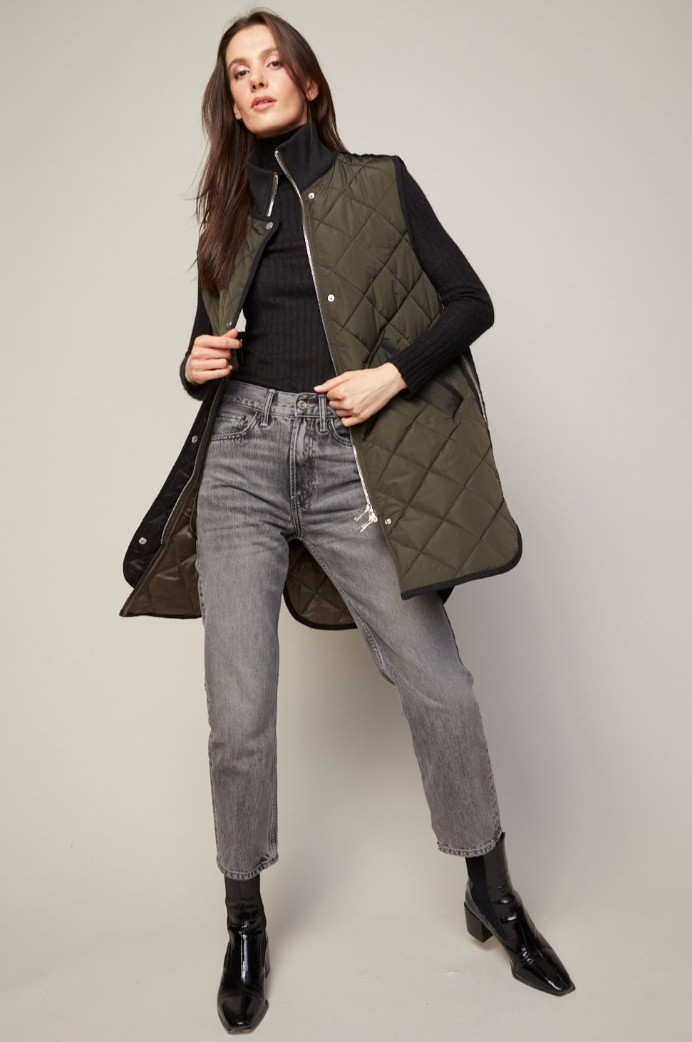 Adroit Atelier Destiny Sleeveless Quilted Vest With Zipper Detail in Forest Green available at Barbara Katz