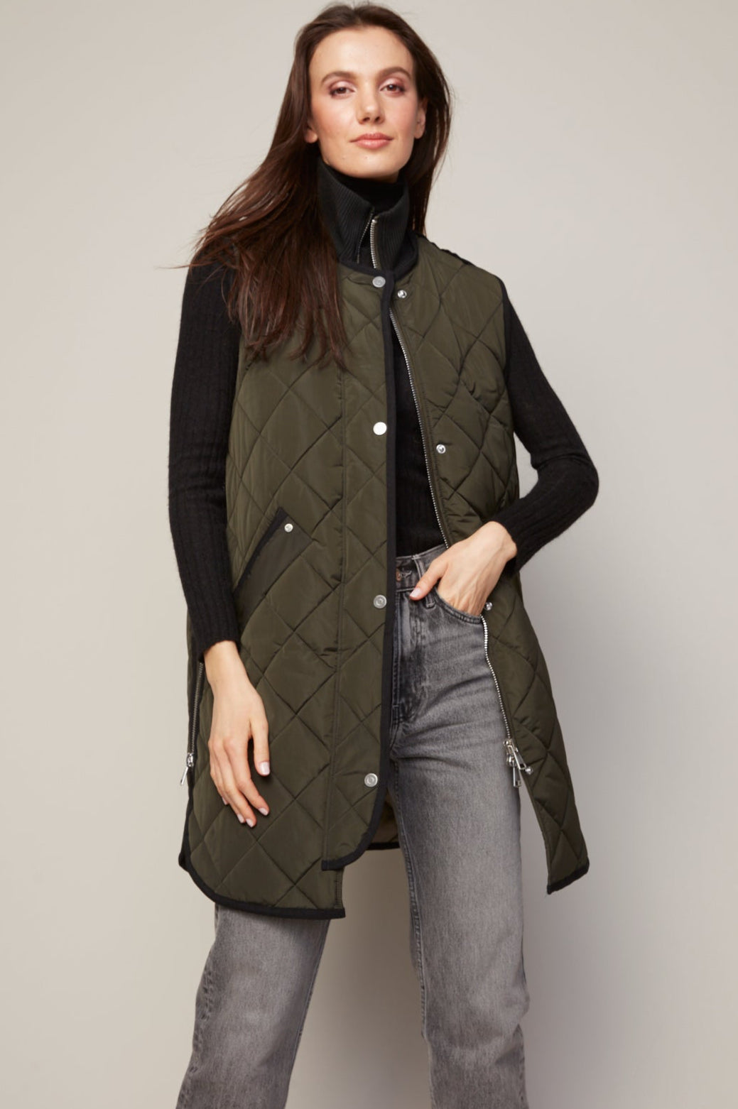 Adroit Atelier Destiny Sleeveless Quilted Vest With Zipper Detail in Forest Green available at Barbara Katz