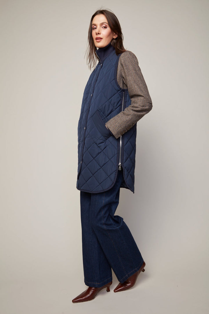 Adroit Atelier Destiny Sleeveless Quilted Vest With Zipper Detail in Navy available at Barbara Katz