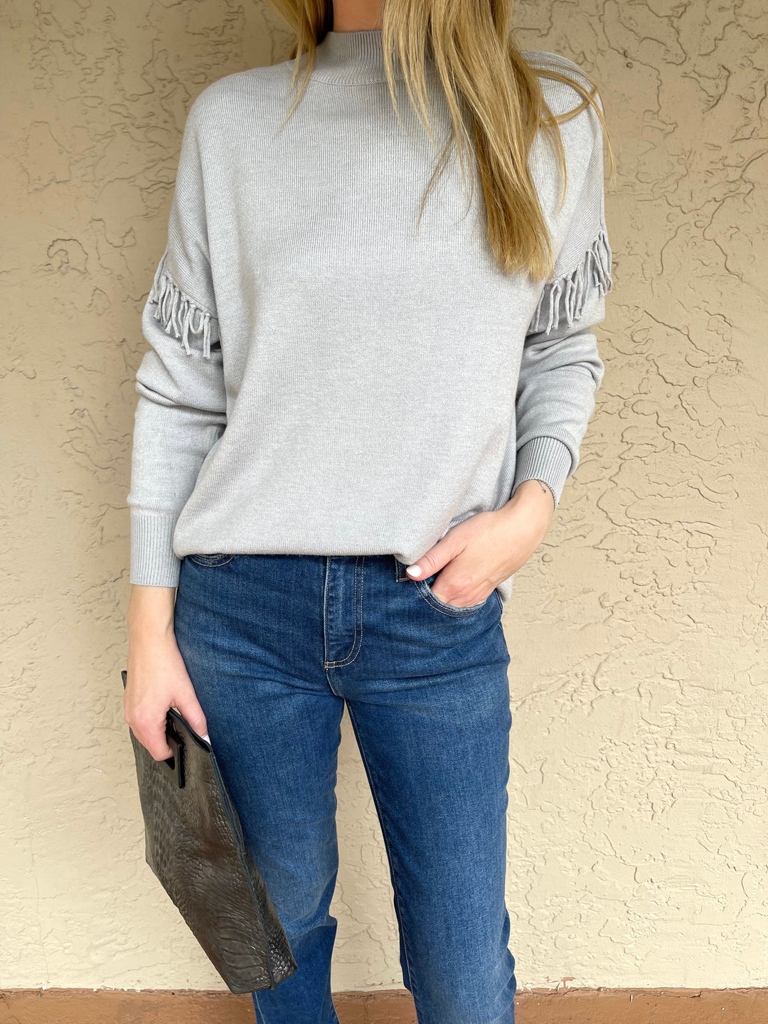 Elliott Lauren Fringe Mock Neck Sweater - Silver